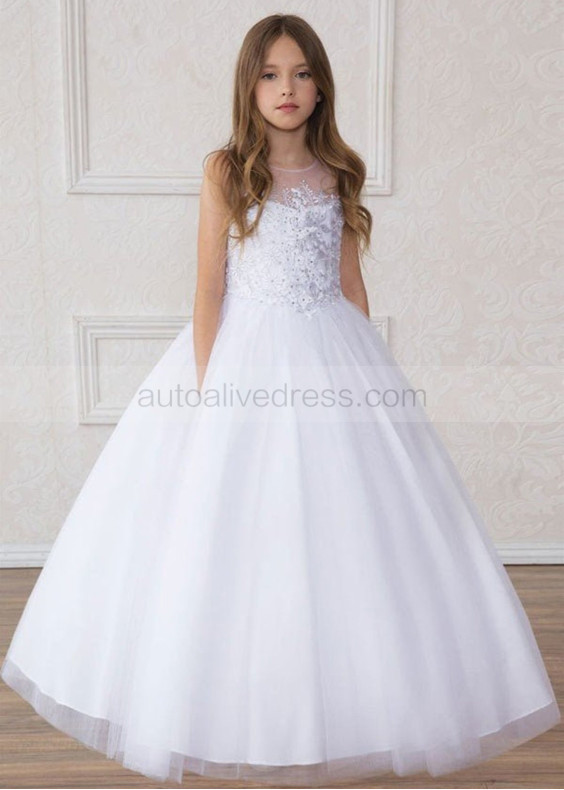 White Beaded Lace Tulle Long Flower Girl Dress